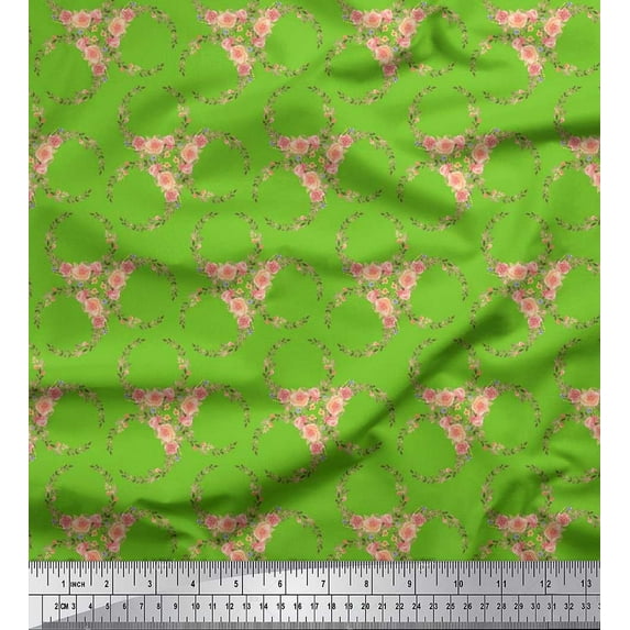 Soimoi Green Georgette Viscose Fabric Wreath Floral Print Fabric by the Yard 42 Inch Wide
