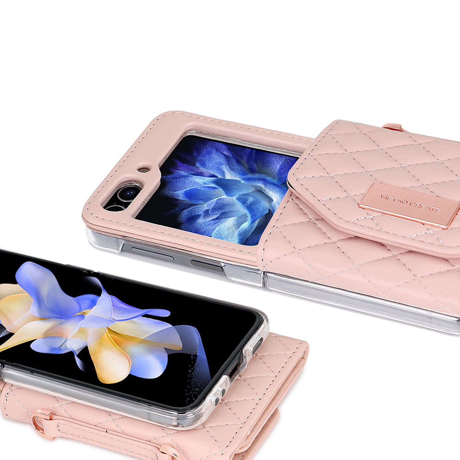 ELEHOLD Leather Wallet Case For Samsung Galaxy Z Flip 4, PU Leather Crossbody Strap Card Slots Drop Protective Phone Case Hinge Cover, Stand Feature, Pink