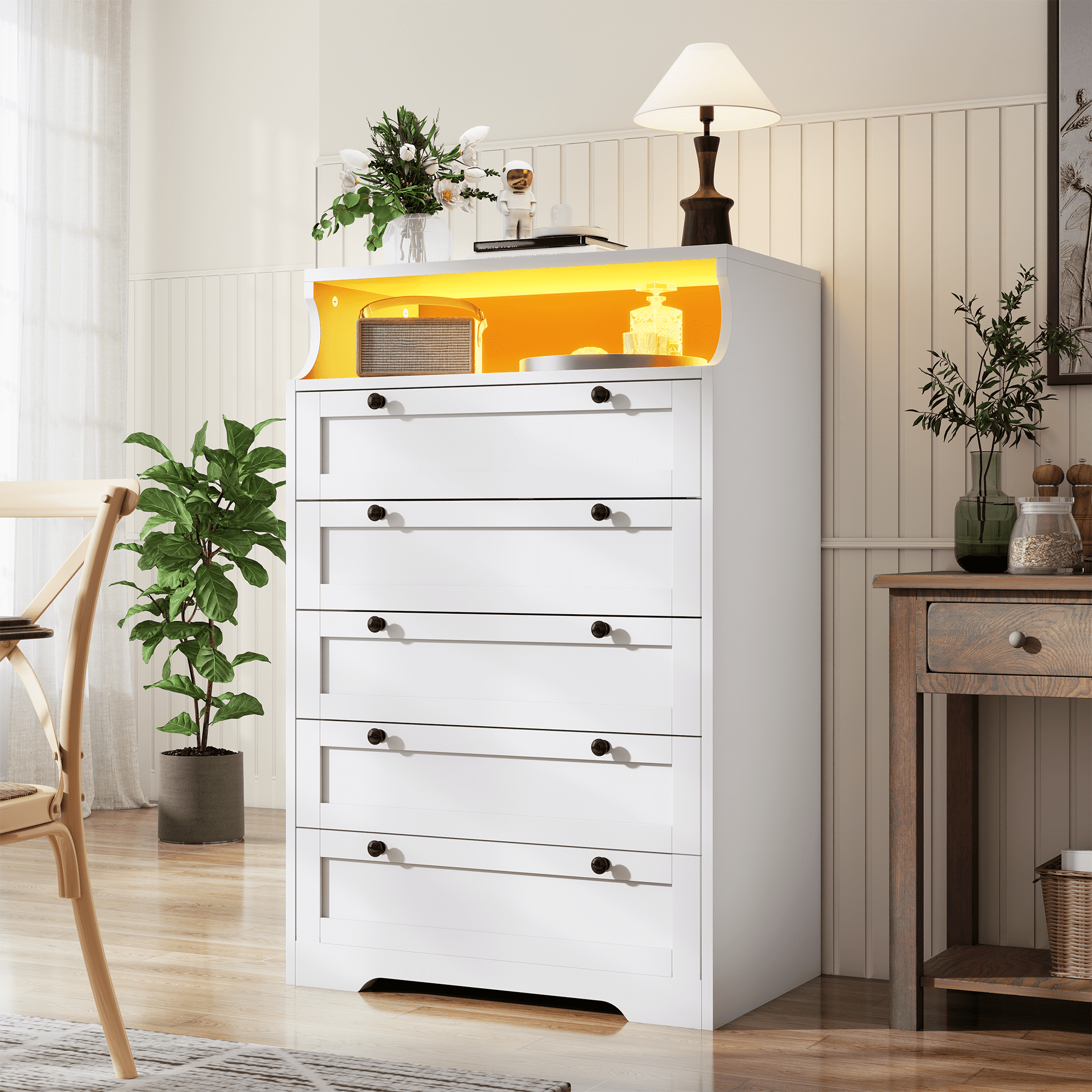 White Dresser for Bedroom with 5 Drawers,Modern Chest of Drawers with LED Lights and 2 Shelves for Living Room,Hallway
