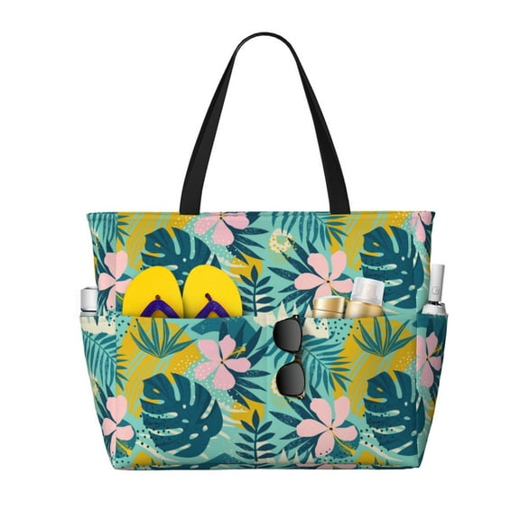 Yiaed Tropical Floral Print Large Capacity Beach Travel Bag - Waterproof Zipper Vacation Tote for Sandproof Storage, and Camping