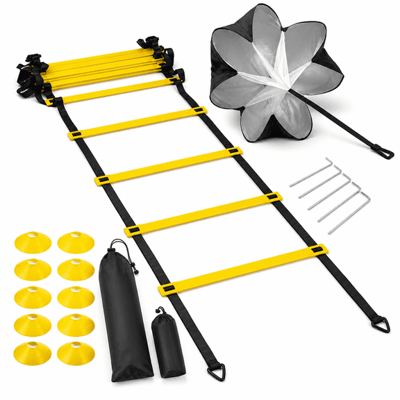 Byseng Agility Ladder Speed Training Set, 20 ft Adjustable Ladder with 12 Cones, 4 Stakes, Resistance Parachute & Carry Bag for Soccer Football Basketball Fitness