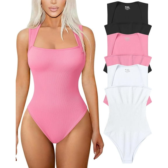 Women's 3 Piece Bodysuits Sexy Ribbed Strappy Square Neck Sleeveless Shapewear Bodysuits