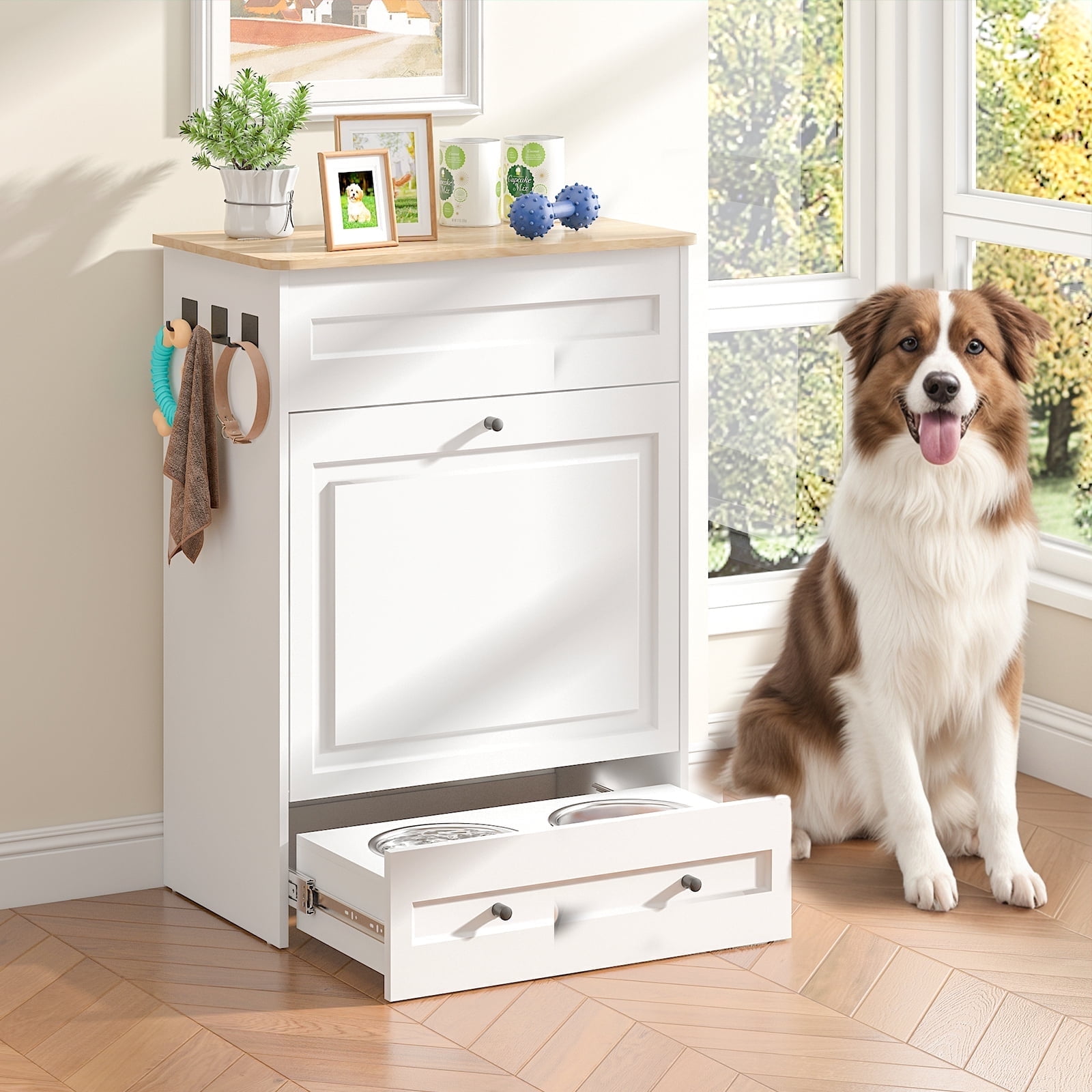 Advwin Dog Feeding Station with Storage Cabinet, Hidden Elevated Bowls for Medium & Large Dogs, Dog Food Cabinet Organizer with Slow Feeder, Stainless Steel Dog Bowls & Hooks for Pet Supplies, White