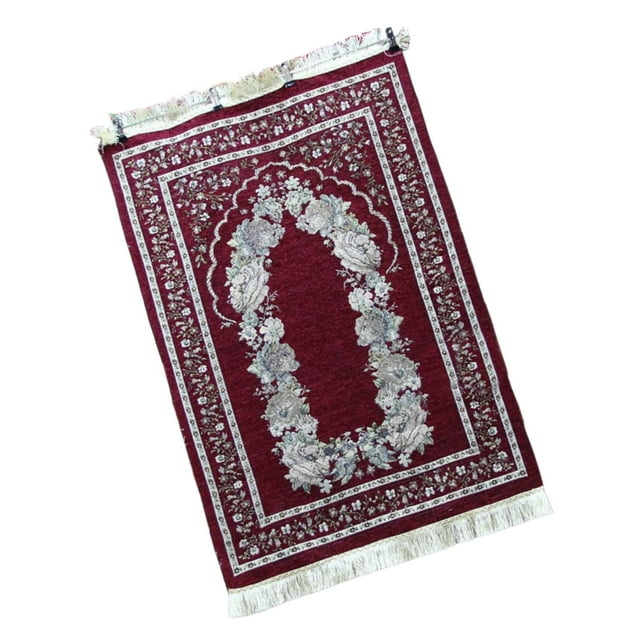 Tapis de Prière Traditionnel en Chenille avec Motif de Fleurs Tapis de Sol pour Bar Ramadan Rouge Foncé