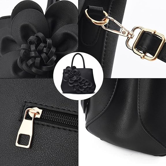 Women's Pu Leather Satchel Handbags 3D Flower Seris Evening Bags Crossbody Tote Purse Bag with Detachable Strap