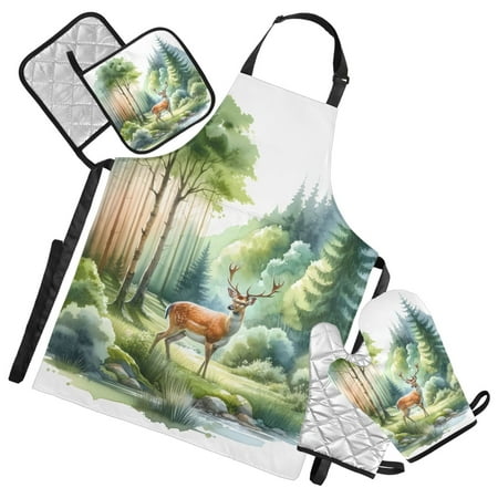 Beautiful Deer in Forest 5 Pcs Kitchen Set Heat Resistant Oven Mitts and Non-Slip Pot Holders with Adjustable Cooking Apron