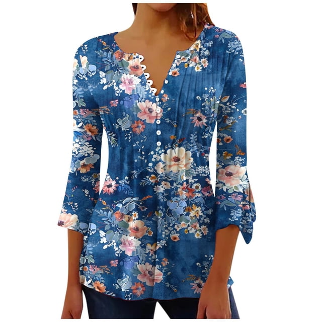 Blouses pour Femmes, T-Shirts pour Femmes, T-Shirt Imprimé Mode pour Femmes Manches 3/4 Blouse Col en V Décontractée