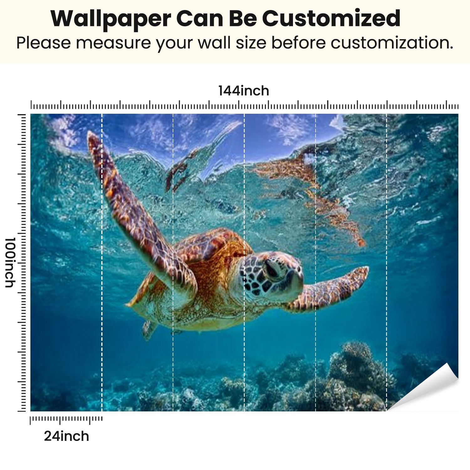 Peel and Stick Wallpaper Green sea turtle swimming below ocean s surface Modern Art Wall Mural Decor Self Adhesive and Removable 100in x 144in