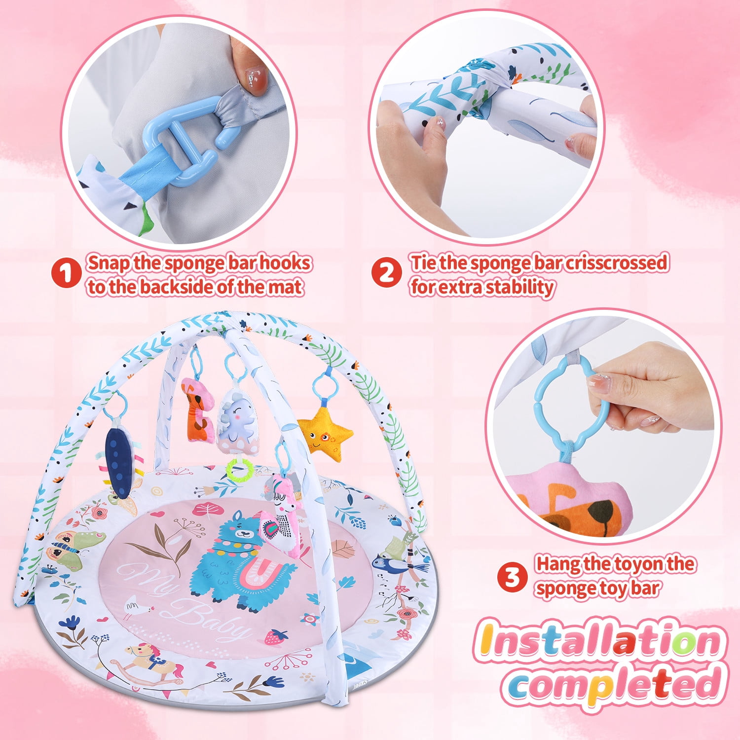 JoyStone Baby Gym Play Mat Activity Mat with 6 Detachable Toys, Round Tummy Time Play Mat for Newborns & Infants 0–12 Months