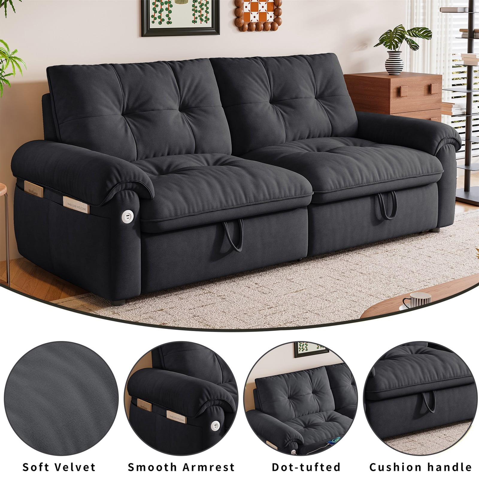 Hommoo 70" Convertible 2-in-1 Pull Out Couch Bed, Multi-Functional Velvet Loveseat Sleeper Sofa Bed, Gray