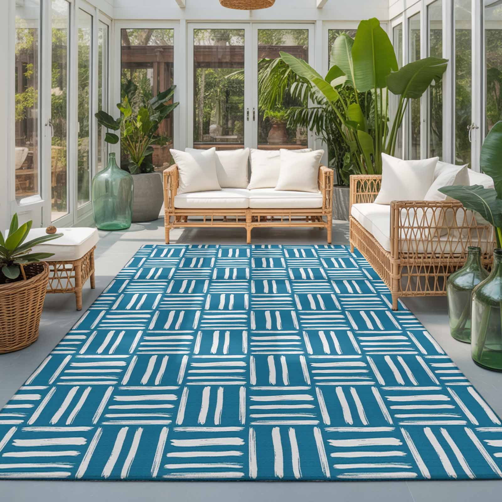 Area Rug 4x6ft Abstract Lines Blue Plaid Washable Rugs for Living Room Bedroom Modern Minimalist Art Soft Non-slip Area Rugs Rectangle Floor Carpet for Dining Room