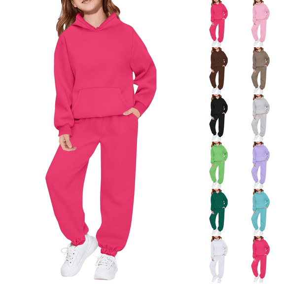 Girls Sweatsuit Fashion 2 Piece Fleece Hoodie and Sweatpants Set 5-14 Years Fall Winter Back to School Clothes Hot Pink 140