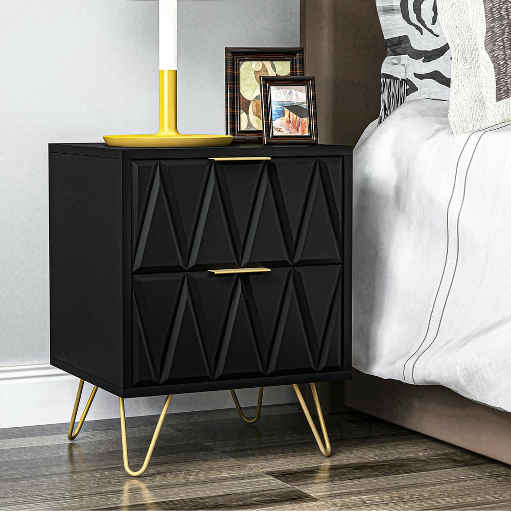 GVN Nightstand, Bedside Table,Black Nightstand Set of 2 with Gold Handle, Bedside Table with 2 Drawers & Gold Legs for Bedroom Living Room