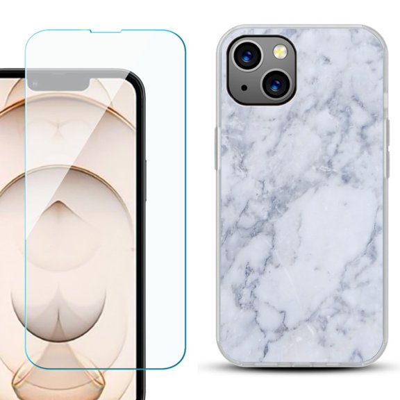 Slim-Fit Flexible TPU Gel Phone Case for iPhone 13, with Tempered Glass Screen Protector, by OneToughShield ® - Marble / Clouds