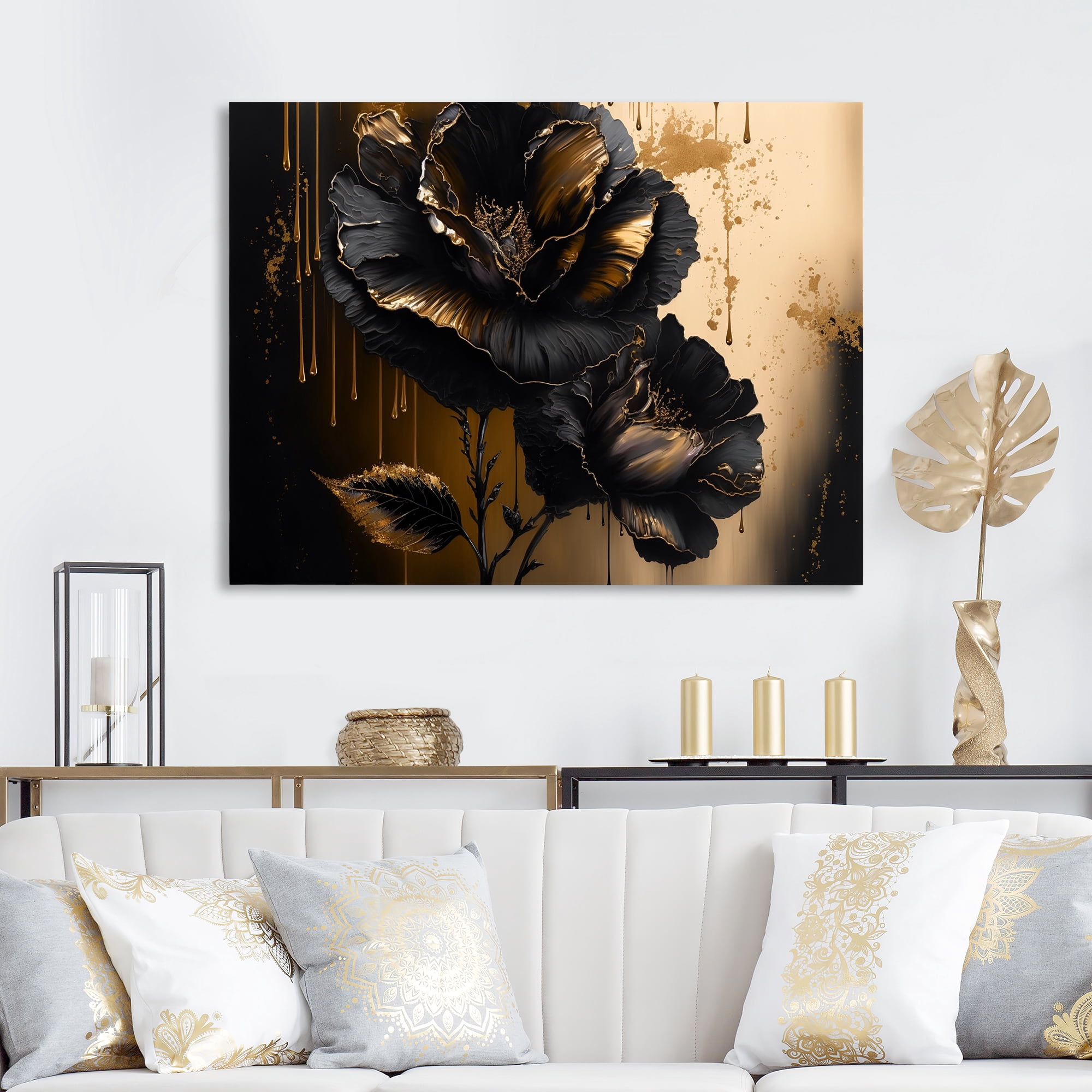 Designart Black And Gold Hibiscus III Canvas Wall Art