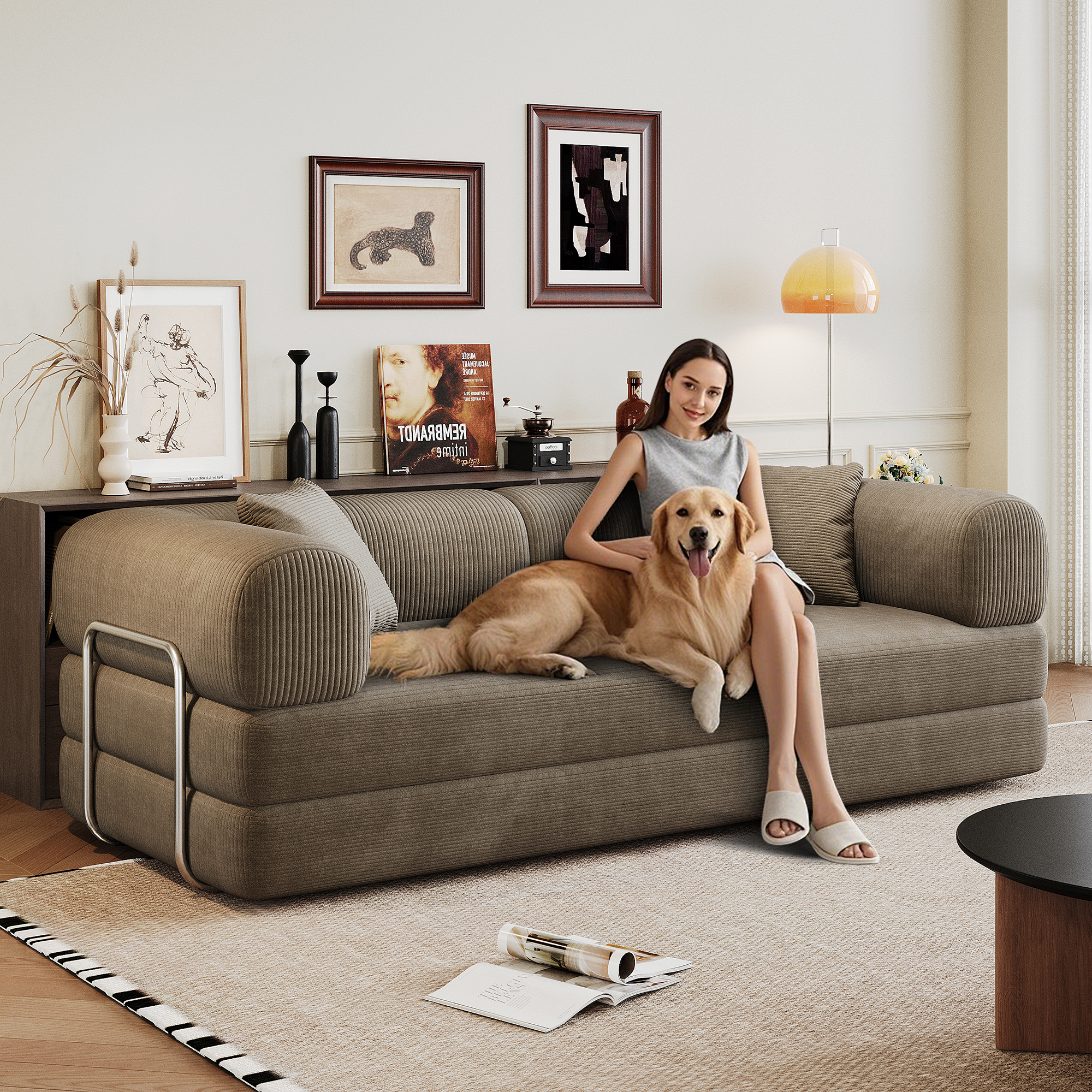 Miniyam 79" Convertible Floor Sofa Bed with Pillow Back Support Armrest for Living Room, Bedroom, Camel