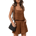 thumbnail image 2 of Women'S Summer 2 Piece Outfits Sleeveless Crop Top Shorts Linen Lounge Beach Travel Sets Dark Brown M, 2 of 7