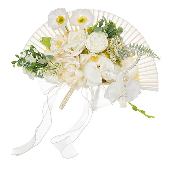 S SERENABLE Wedding Bouquet Bridal Hand Flower Chinese Hand Fan Creative Dance Fan Bouquet Bridal Holding Flowers for Ceremony Graduation White