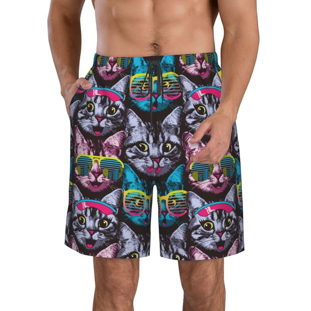 Balery Happy Kitten Faces Traje de Baño Estilo Hawaiano para Hombre, Shorts de Secado Rápido con Bolsillos-Small