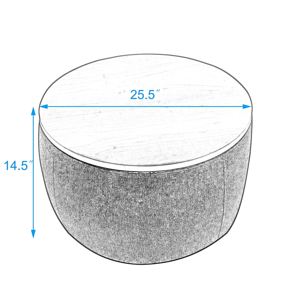 Round Storage Ottoman, Upholstered Coffee Table with Wooden Lid, 2 in 1 Function End Table Footstool for Living Room Office, Work as Side Table & Ottoman & Seat, Dark Gray, 25.5''x25.5''x14.5''