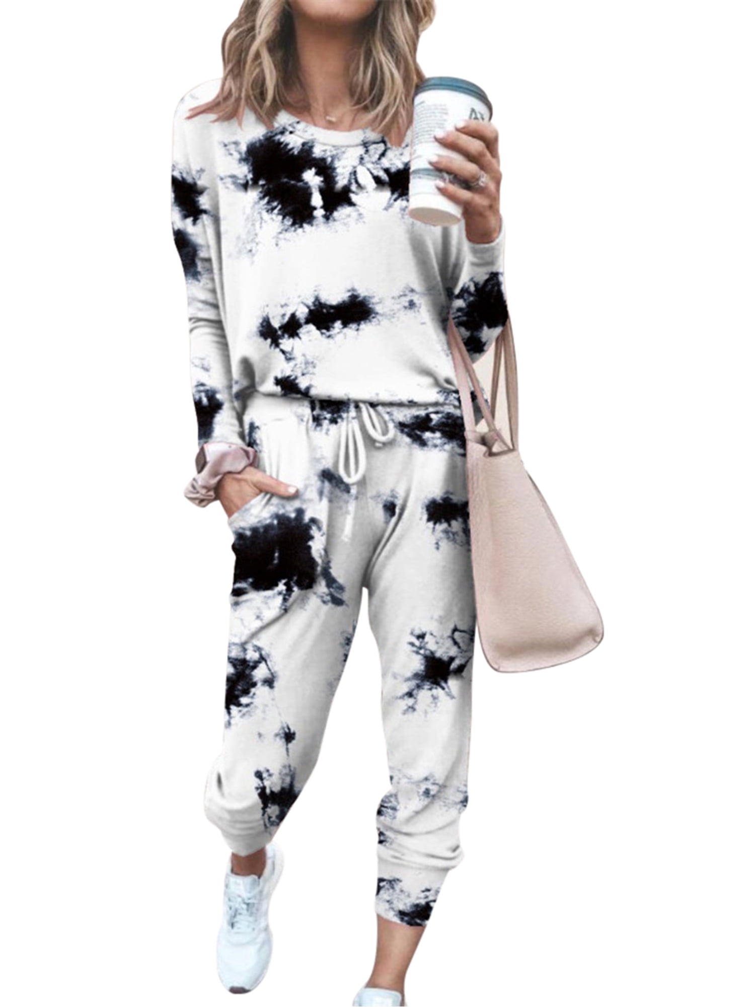 Tie Dye Sweatsuit 2 Pieces for Women Sweatshirt with Hooded Drawstring and Sweatpants Lounge Set Pajama Wear Casual Tracksuit 