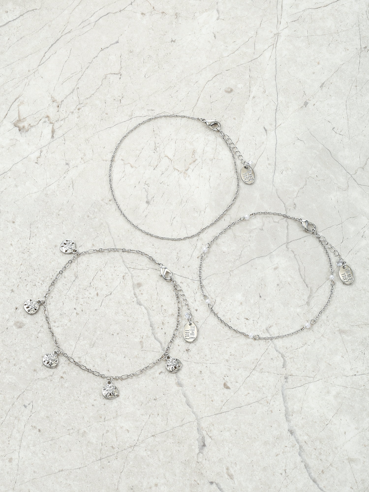 Time and Tru Silvertone Anklet Set, Sand Dollar Charms, 3 Pieces