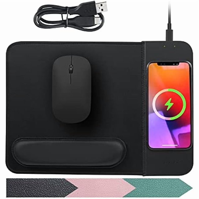 HAYAN15W Wireless Charging Mouse Pad with Detachable Wrist Support, Fast QI Phone Charger Mouse Mat for iPhone 16/15/14/13/12/11/X and Samsung Multiple Mobile Devices (Black)