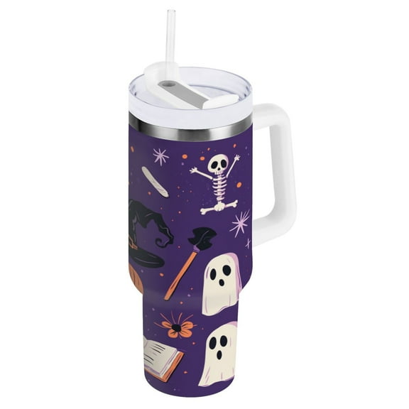 Stainless Steel Tumbler with Straw and Handle, Double Wall Insulated Tumblers, Halloween Elements with Pumpkin Skull