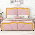thumbnail image 2 of EUROCO Upholstered Full Platform Bed, Cartoon Bed with Adjustable Headboard and LED Light for Toddler Kids Teens Adults, No Box Spring Needed, Pink, 2 of 12