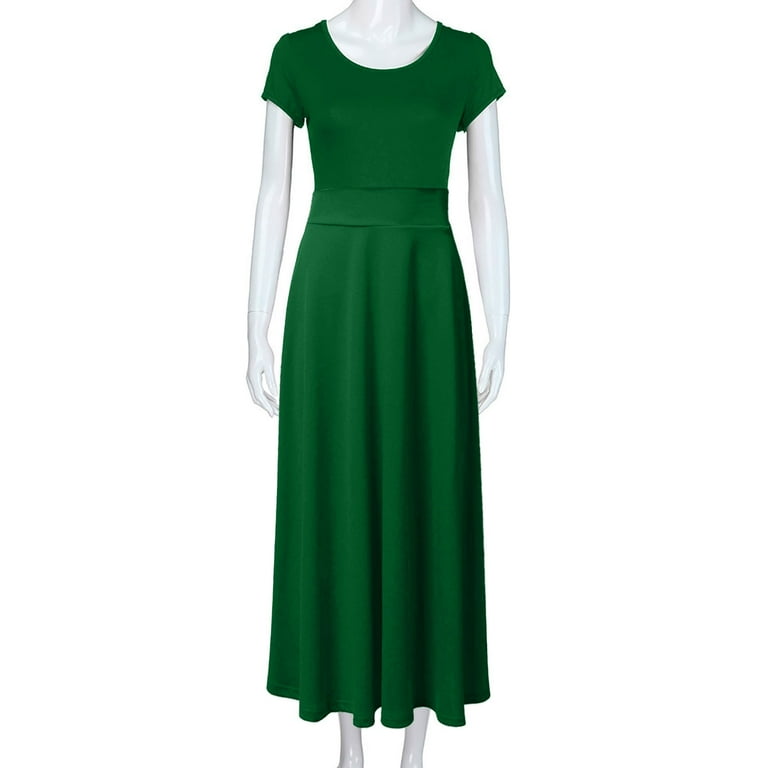 VSSSJ Maxi Dresses For Women Solid Color Round Neck Summer Swing Party Dress  Casual Short Sleeve High Waisted Slim Tunic Long Dress - Walmart.com