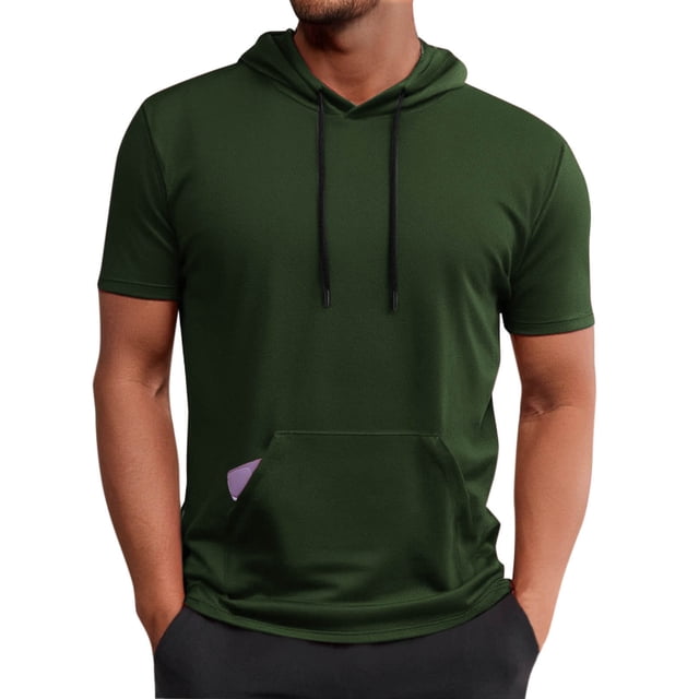 pstuiky camisetas de hombre, Blusa deportiva informal de color liso con capucha y manga corta con cordón y bolsillo para hombre camisetas de hombre m