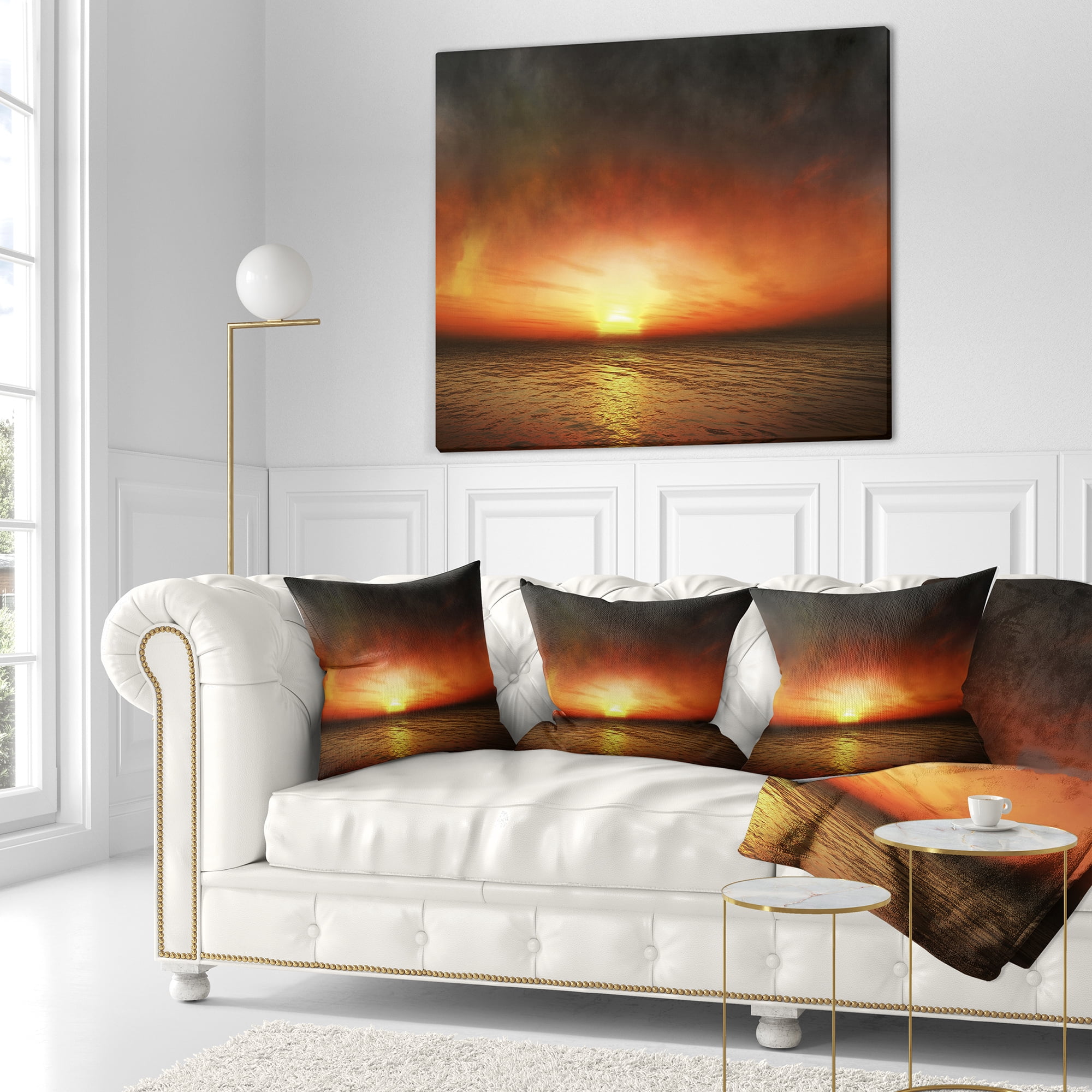 Designart Fiery Sunset Beach under Cloudy Sky - Modern Seashore Throw Pillow - 16x16