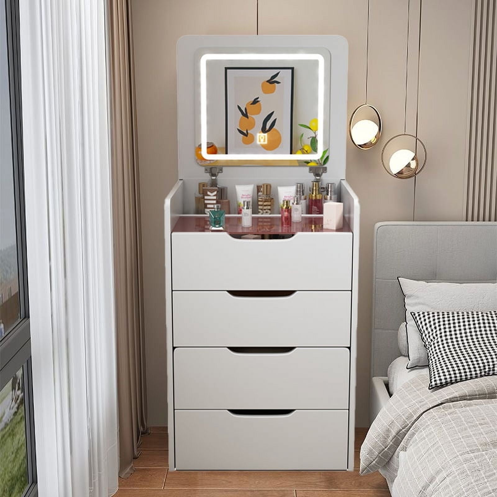3 in 1 Vanity Desk with Mirror,Make Up Vanity Set with Glass Desktop Cushioned Tool,Dressing Table for Bedroom White