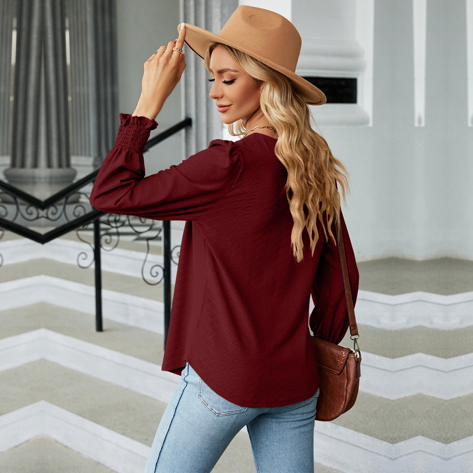 Bpbtti Women's Long Sleeve Tops - Trendy Pleated Square Neck Tunic Blouse For Casual Fall & Winter Wear - View #2