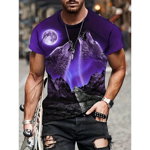 Men's 3D Wolf Pattern T-Shirt - Creative Purple and Black, Elastic Polyester Blend, Crew Neck, Short Sleeve, Casual Streetwear, Machine Washable