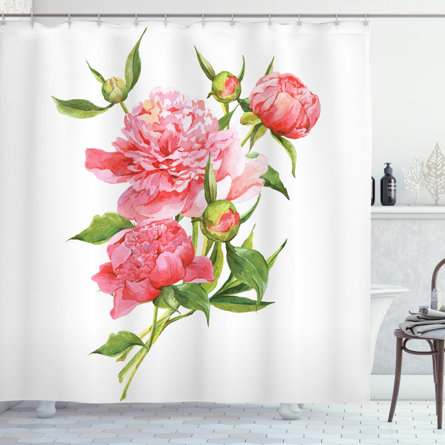 Watercolor Shower Curtain, Pink Peonies with Strong Green Leaves Ecology Flourish Nature