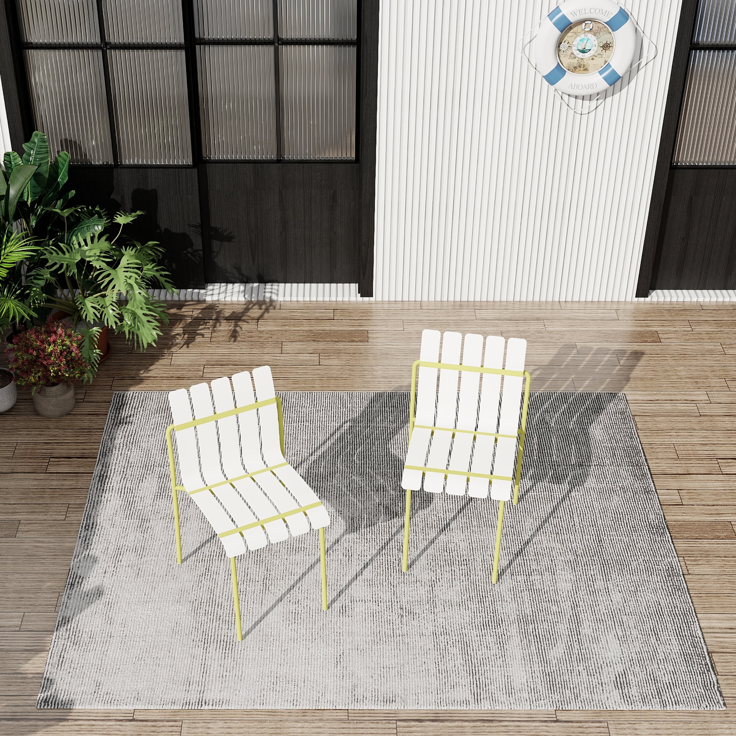 Outdoor Dining Chair, 4 Pack Striped Seat Leisure Chair for Garden Home Patio Outdoor, Cream White Grain Yellow