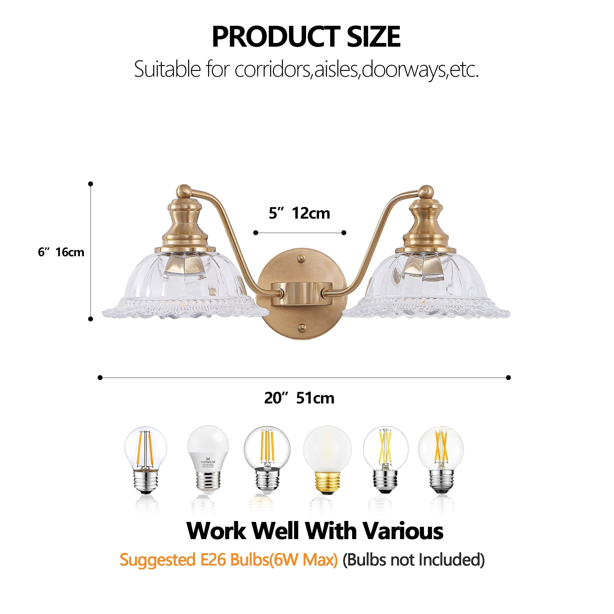 HomArltek 20 Inch Gold 2-Light Vintage Bathroom Wall Sconce – Elegant Gold Metal and Glass Lampshade Vanity Light Fixture for Bathroom, Hallway, or Bedroom (Bulb Not Included)