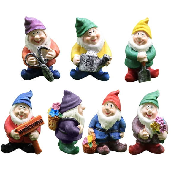 7 Pack Mini Garden Gnome Statues, Resin Outdoor Garden Decor Figurines for Patio Yard Lawn Planter Fairy Garden Accent Pieces