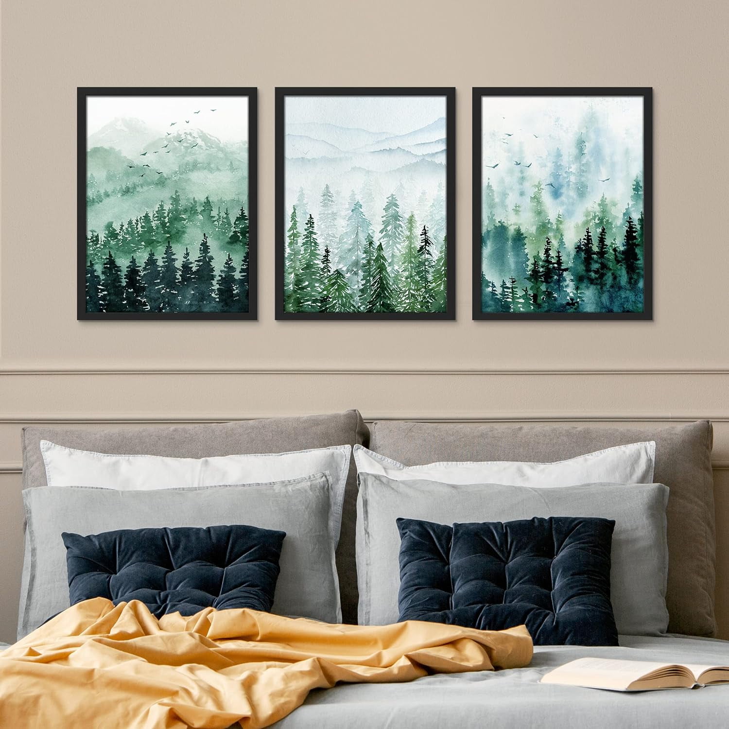 PixonSign Framed Canvas Wall Art Set of 3 Abstract Mountain Nature Painting  Canvas Prints Watercolor Landscape Modern Art for Living Room Bedroom