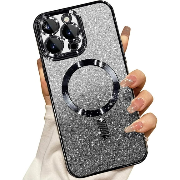 for iPhone 15 Pro Max Glitter Case Compatible with MagSafe,Camera Lens Protector Full Protection Elegant Anti-Scratch Dust-Proof Net Magnetic Case Cover for iPhone 15 Pro Max Black
