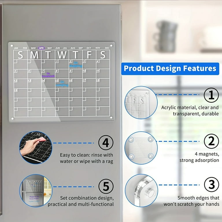 Magnetic Acrylic Calendar for fridge, 12”x16” Clear Calendar for Fridge,  Dry Erase Calendar for fridge, Includes 5 Markers, Magnetic Pen holder