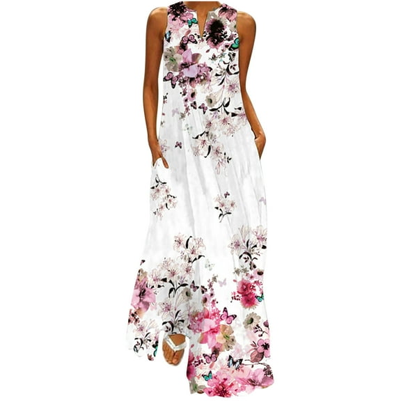 2025 Clearance! Womens Clearance asdoklhq Womens Plus Size Clearance Dresses,Women's Casual Long Dress With Striped Floral Print Sleeveless Maxi Dress