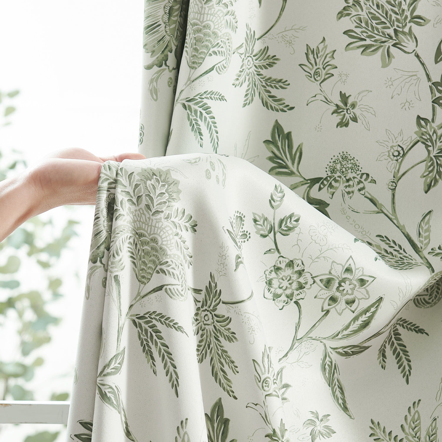 Curtainking Luxury Look Farmhouse Green Floral Print Rod Pocket Blackout Curtains, 84" (2 Panels)