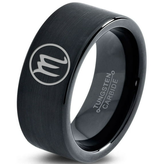 Tungsten Horoscope Scorpio Band Ring 9mm Men Women Comfort Fit Black Flat Cut Brushed Polished