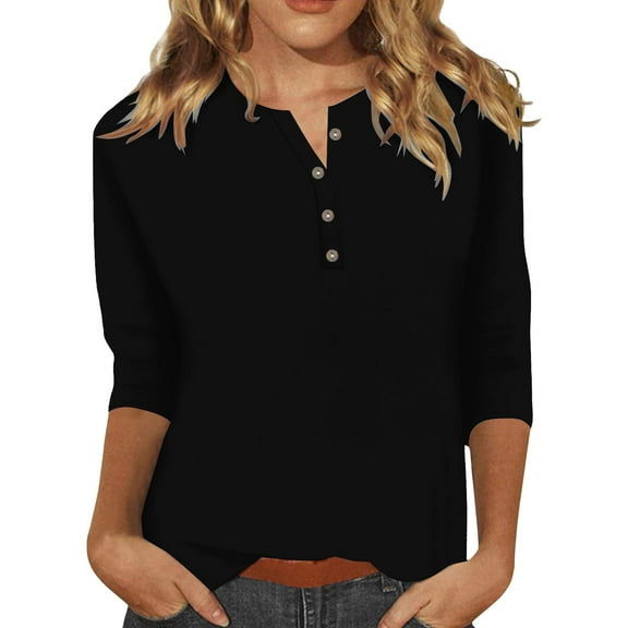 WTXUE T-Shirts 3/4 Sleeve, Crew Neck Shirts for Women's Button up T Shirt Top Solid Casual Tops for Women