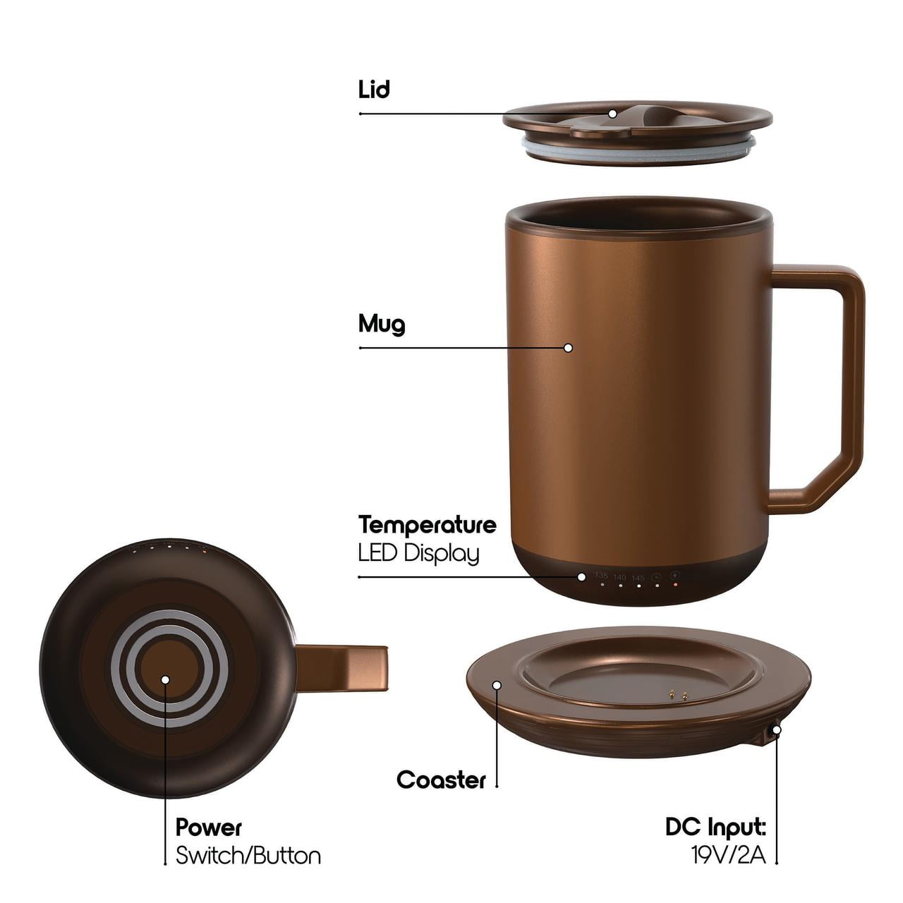 ionMug & Charging Coaster, 12oz. Stainless Steel Self Heating Coffee Mug with Lid, 3.5" x 3.5" x 5"