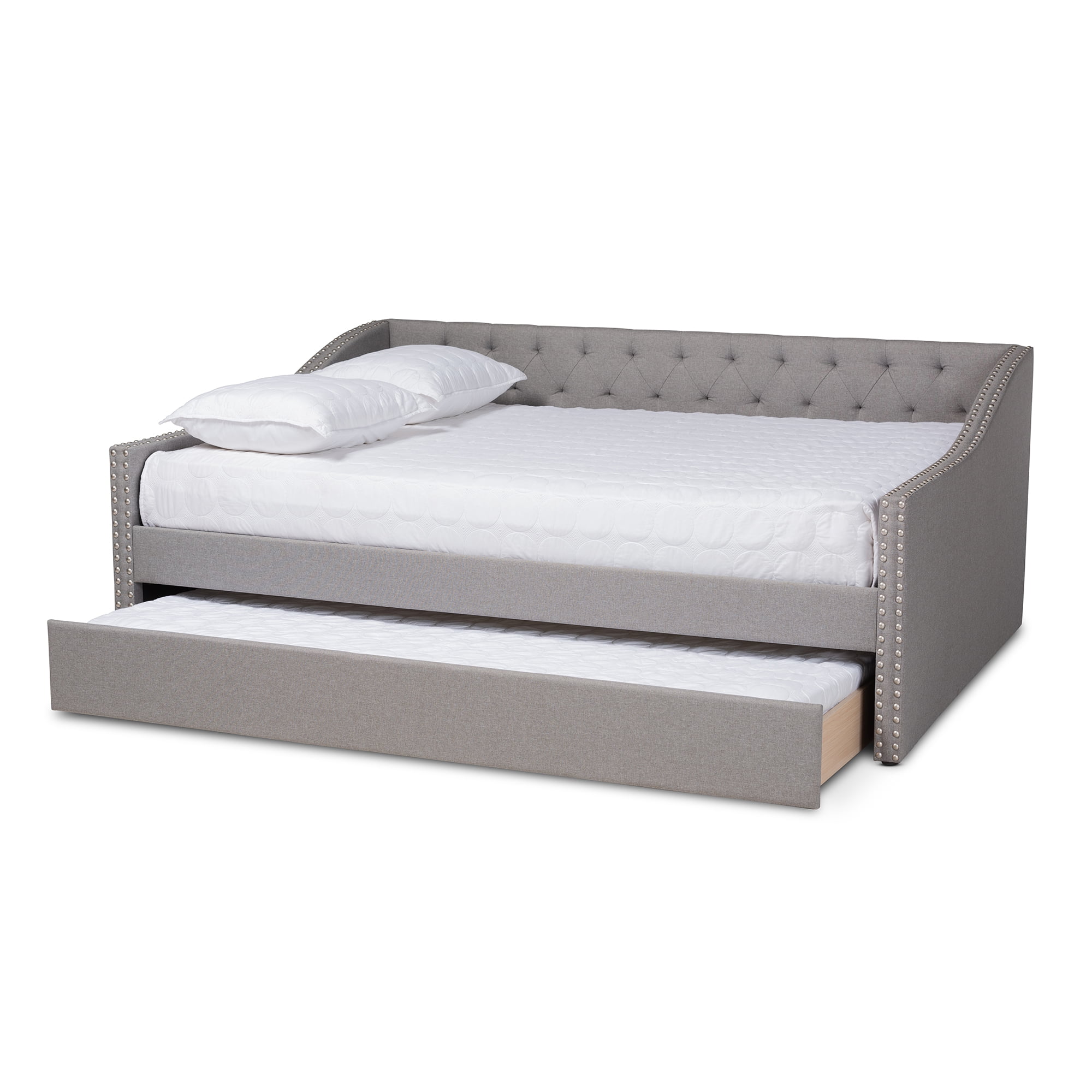 Baxton Studio Haylie Light Gray Upholstered Full Size Daybed with Roll-Out Trundle Bed
