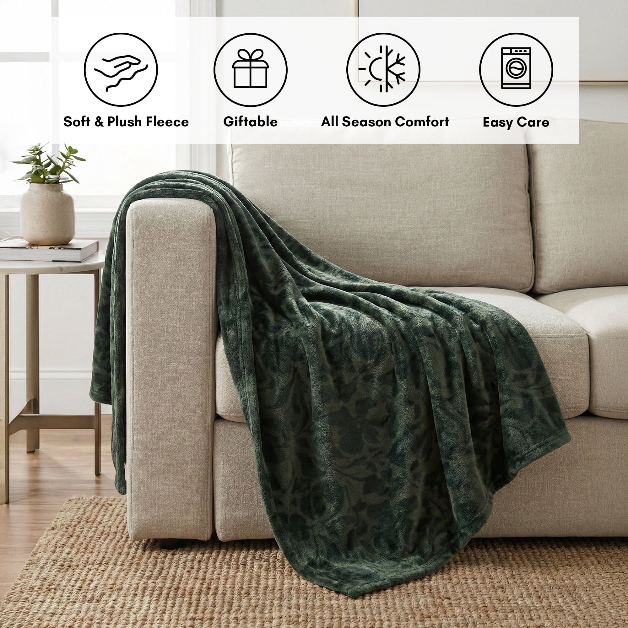 Americanflat Throw Blanket - 50x60 Inch Printed Fleece - Floral Design - Lightweight Warmth - Green