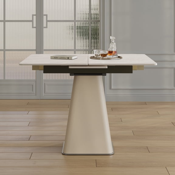 Wohh Retractable Rock Slab Folding Dining Table, Modern Square Expandable Table with Leather-Wrapped Stainless Steel Base, Dual-Purpose Space Saving Kitchen Table for Small Apartments